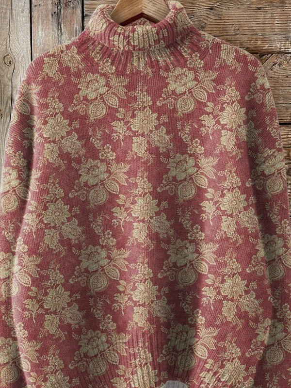 Caterina | Maglione a Collo Alto con Stampa Retro di Rose