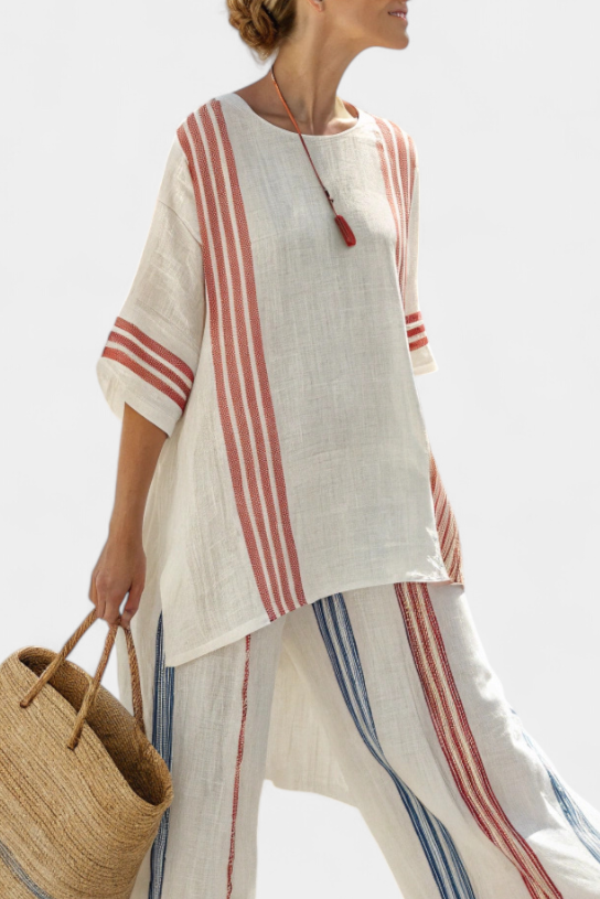 Solvane | Haut à Rayures Multicolores Sophistiqué & Pantalons Méditerranéens